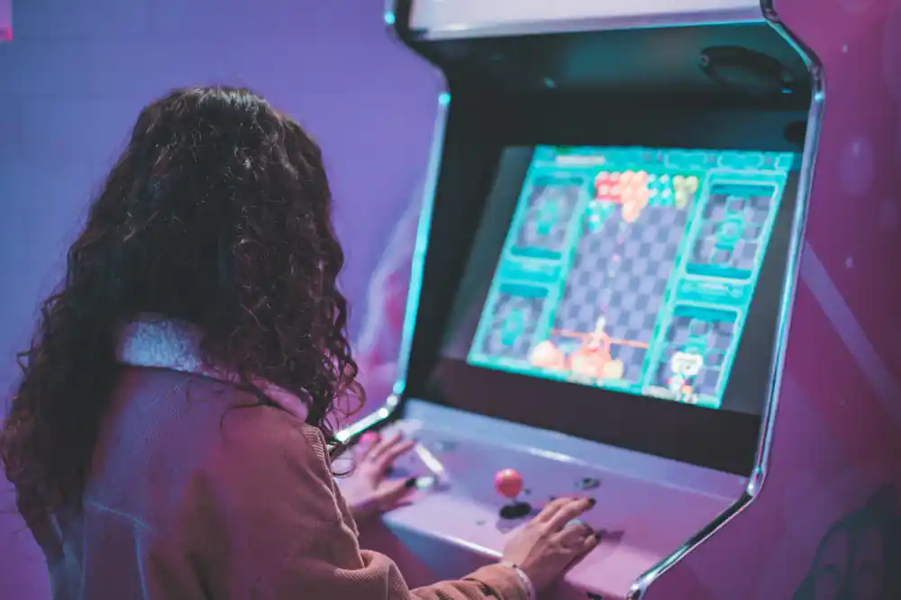 A wide view of a classic 1980s amusement arcade